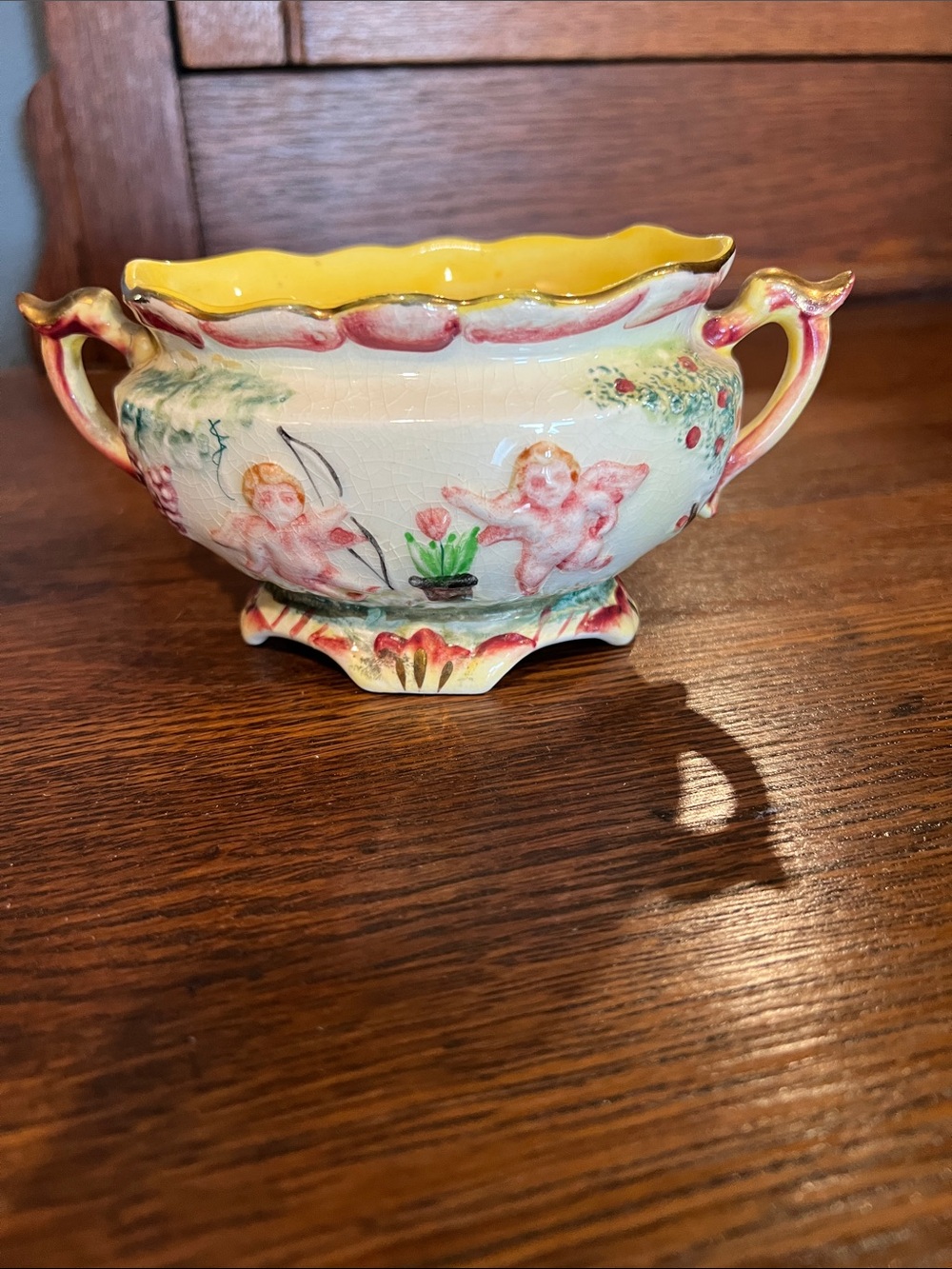 Hand-Painted Cherub Ceramic Bowl in Yellow and Pink